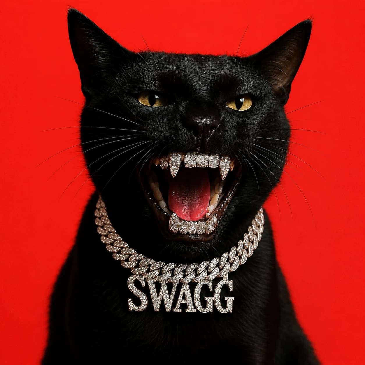 Mascota SWAGG, pisică neagră cu grill și lanț de diamante pe fundal roșu